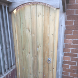 Tall single tongue and groove gate from front
