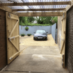 Timber double garage doors open